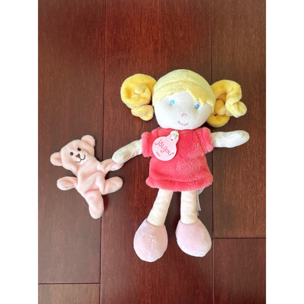 Jolijou Paris Plush Rag Doll Blonde Pigtails Pink Dress with Teddy Bear 8 inch